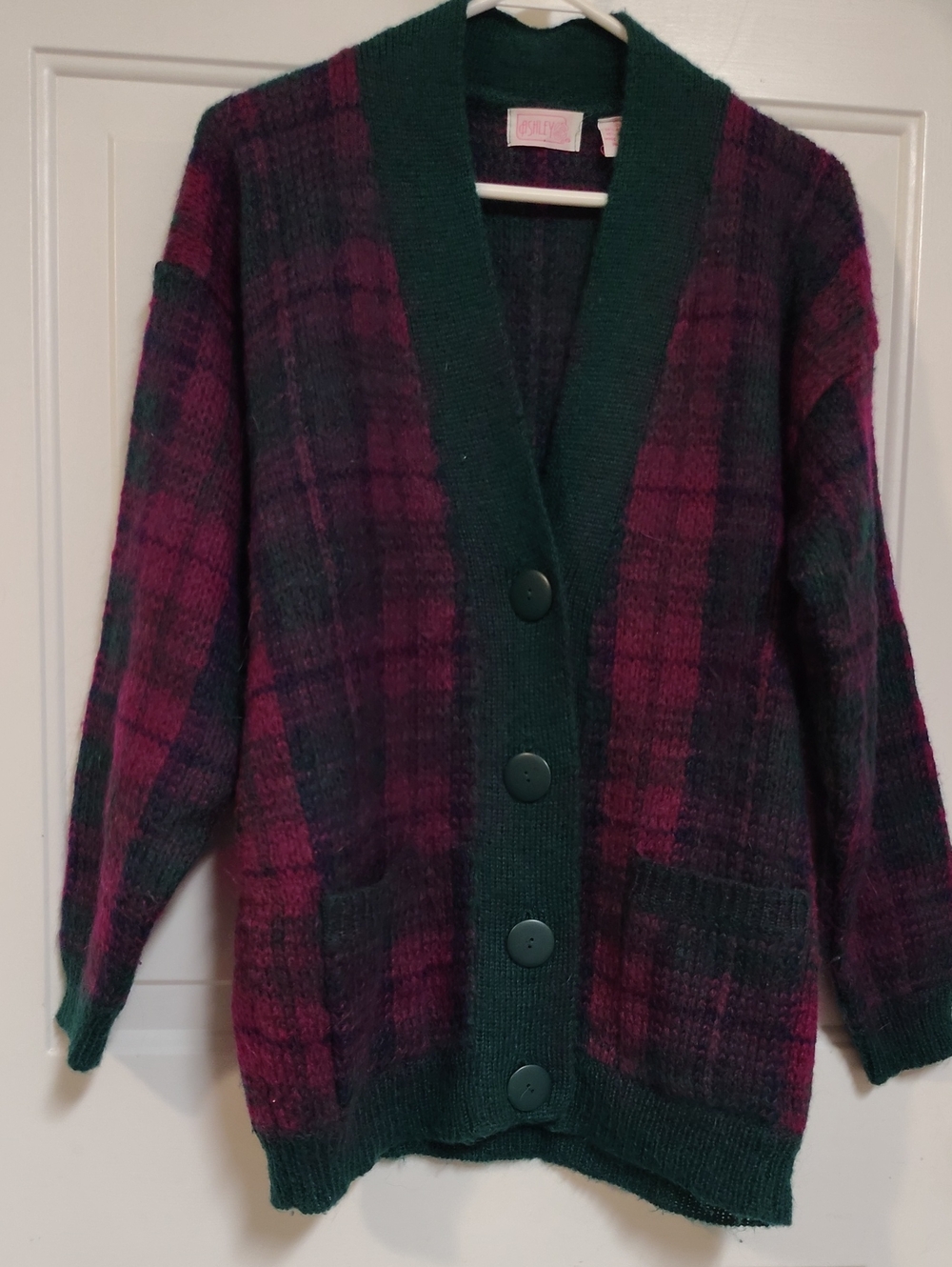 Ashley Vtg. Plaid Open-Front Cardigan in Green and Plum Medium